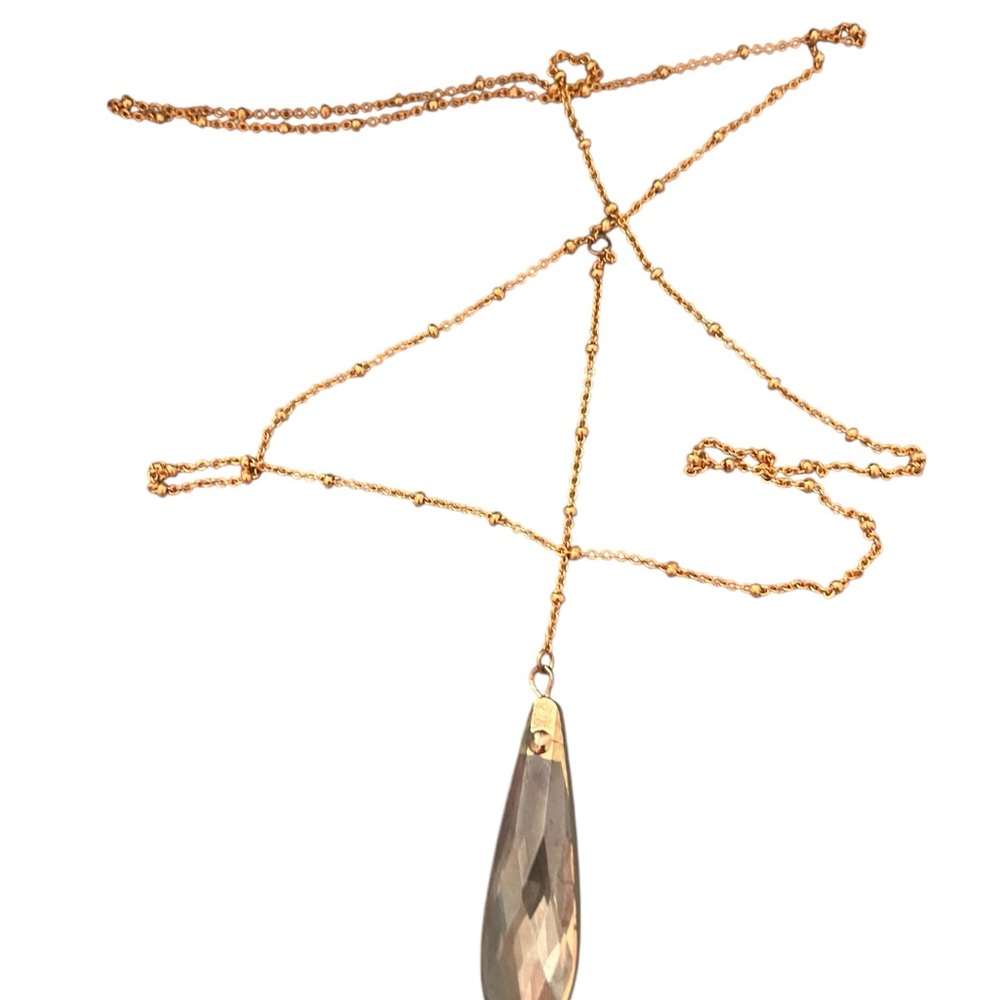EXQUISITE Elongated Brown Topaz Teardrop Crystal Pendant 32" Chain Long Necklace